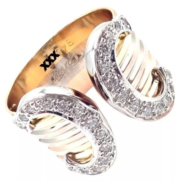 Authentic! Cartier Diamond Double C 18k Tri-Color Gold Band Ring Size 52 US 6 - Picture 1 of 9